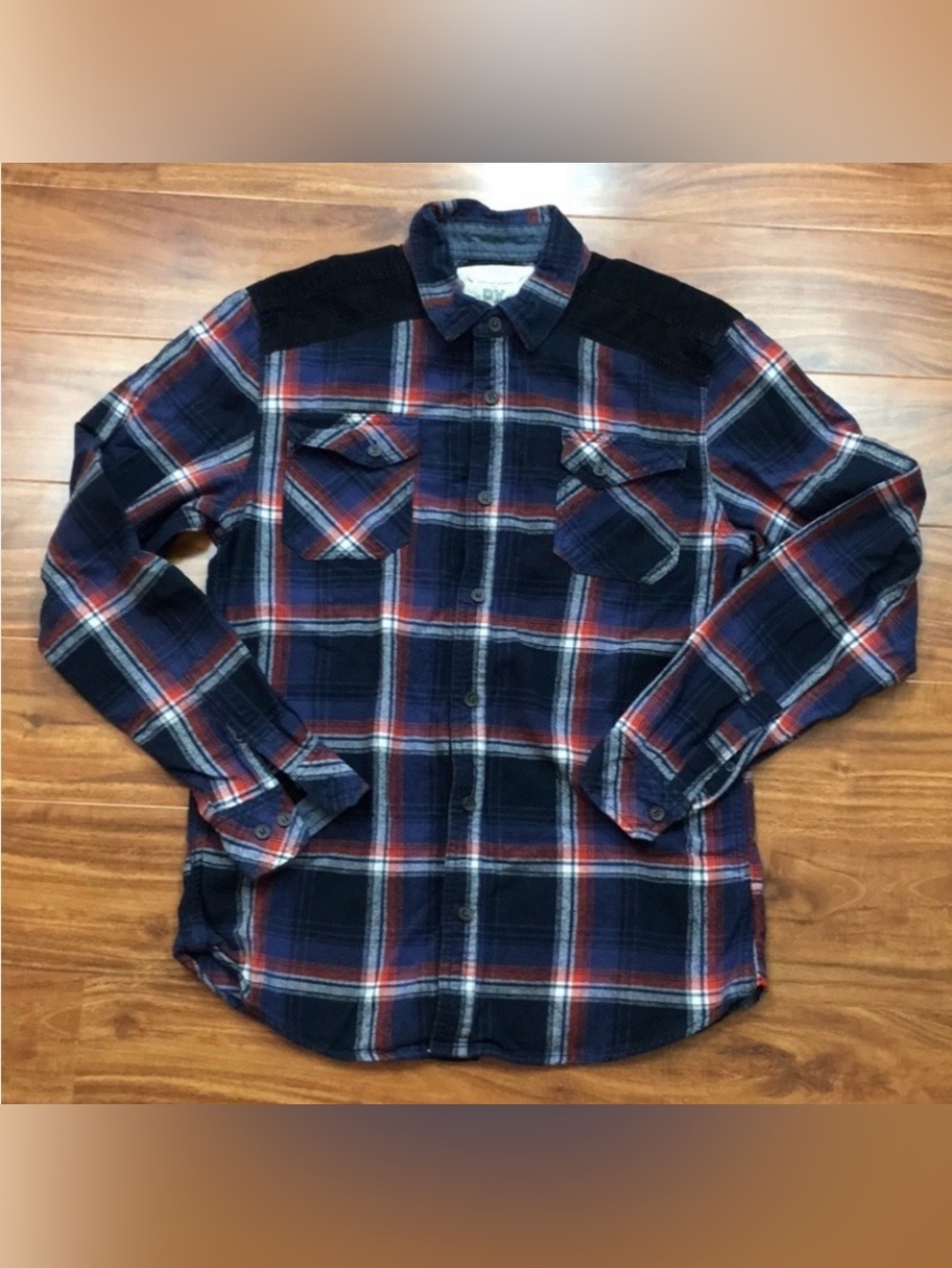 PX Mens Navy Red Plaid Front Pocket Button Down Shirt Size Medium Casual Western